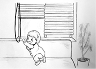 赤ん坊がブラインドの開いた窓際で遊んでいるイラスト