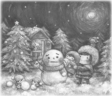 子どもと雪だるまを　つくるジョージと　それを見守るメアリィと　周りで遊びまわる　小人たちのイラスト
