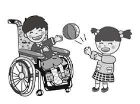 女の子と　車いすに座る男の子が　ボール遊びをしているイラスト